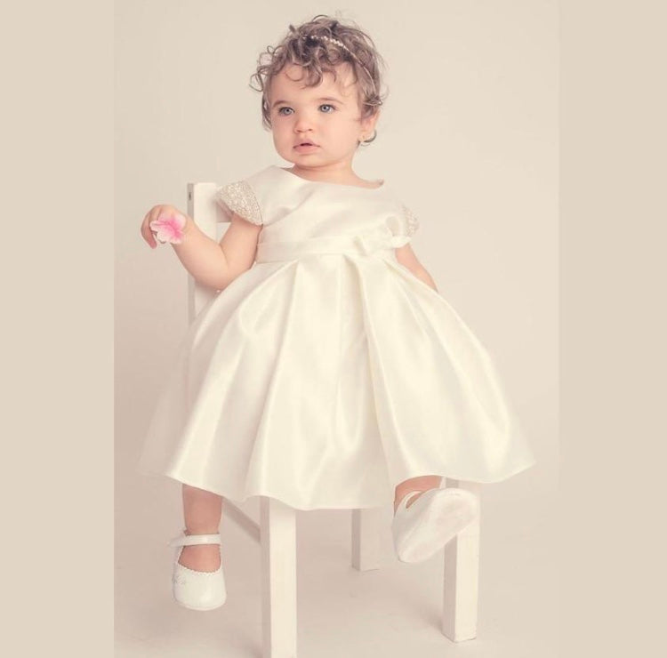 Satin Dress beaded pearl sleeve ivory