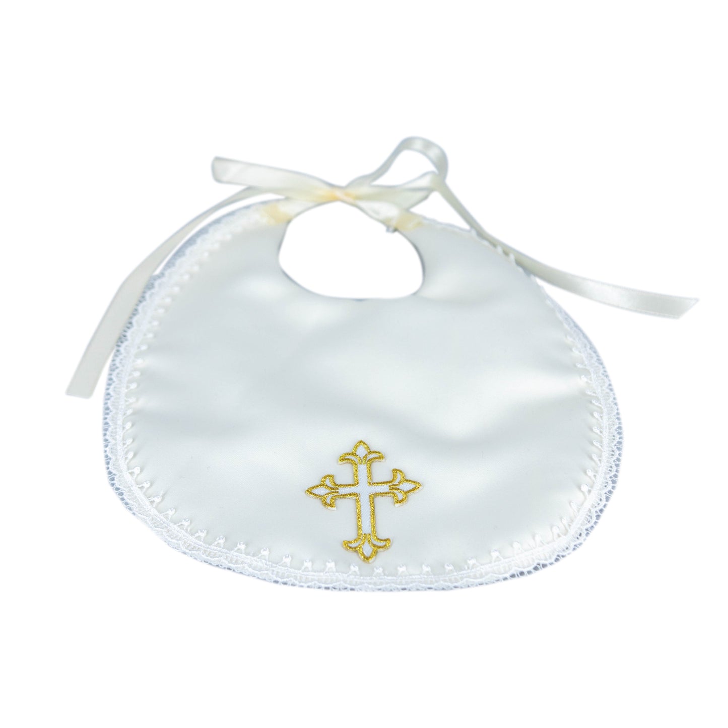 Ivory Satin Bib (Gold Cross)