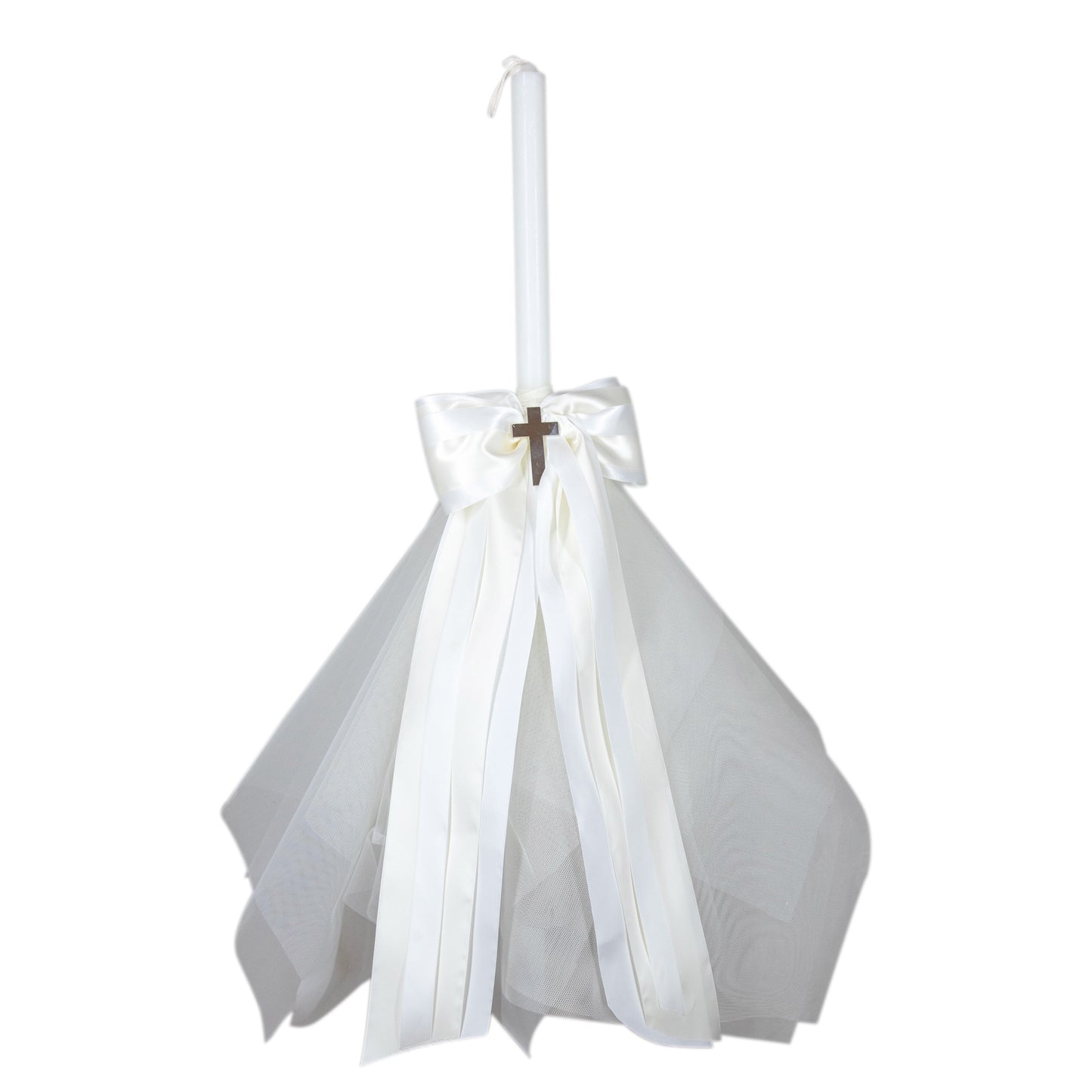 Chistening Candle White Satin Ribbon w/ Ivory Bow