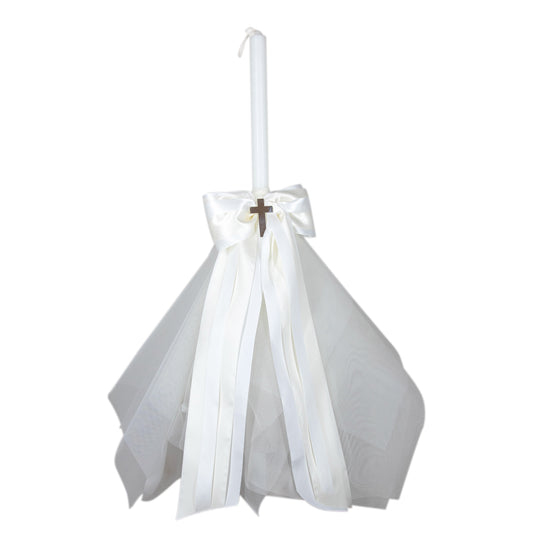 Chistening Candle White Satin Ribbon w/ Ivory Bow