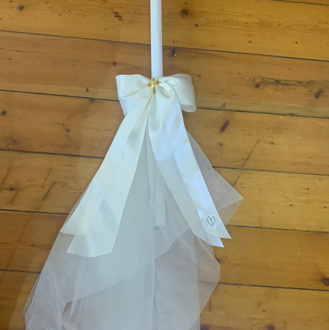Christening Candle White Tulle With White Silk Bow