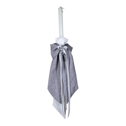 Christening Candle Grey Linen Bow